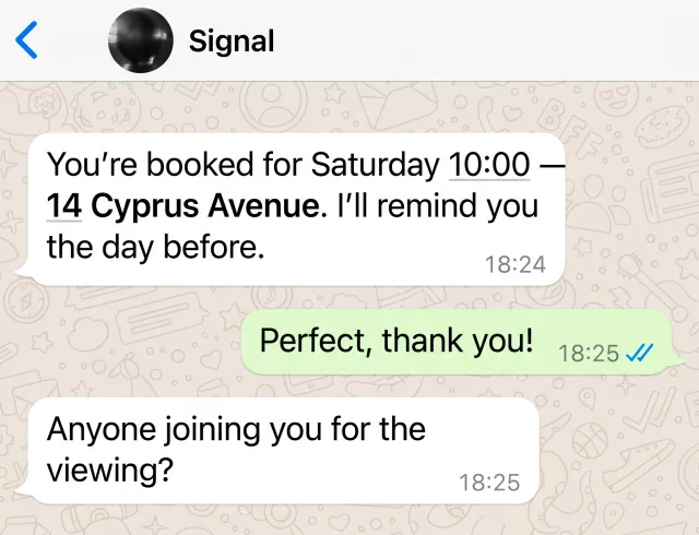 WhatsApp conversation: viewing confirmed for Saturday 10:00 with a day-before reminder