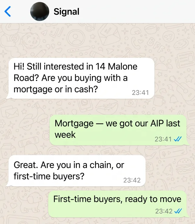 WhatsApp conversation: Signal qualifying a buyer at 23:41 — mortgage agreed in principle, first-time buyers